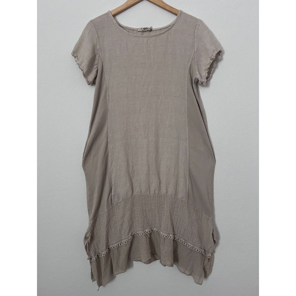 7 Agosto Made in Italy Women's Linen Dress Tan Medium
